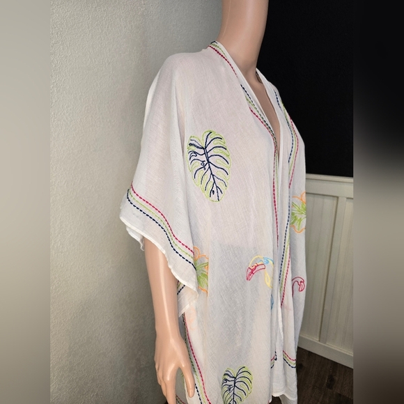 Soft Surroundings Tropical Topper Kimono Embroidered Bird Ivory One Size Swim - Picture 4 of 13